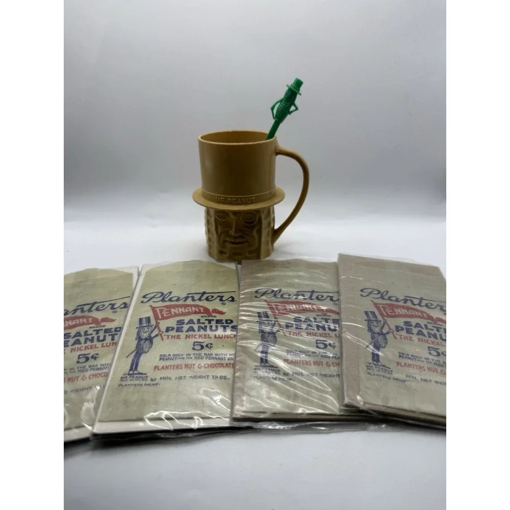 (4) Vintage Planters Mr Peanut Wax Bags Lot 1930s-50s (NOS) + Cup & Stirrer